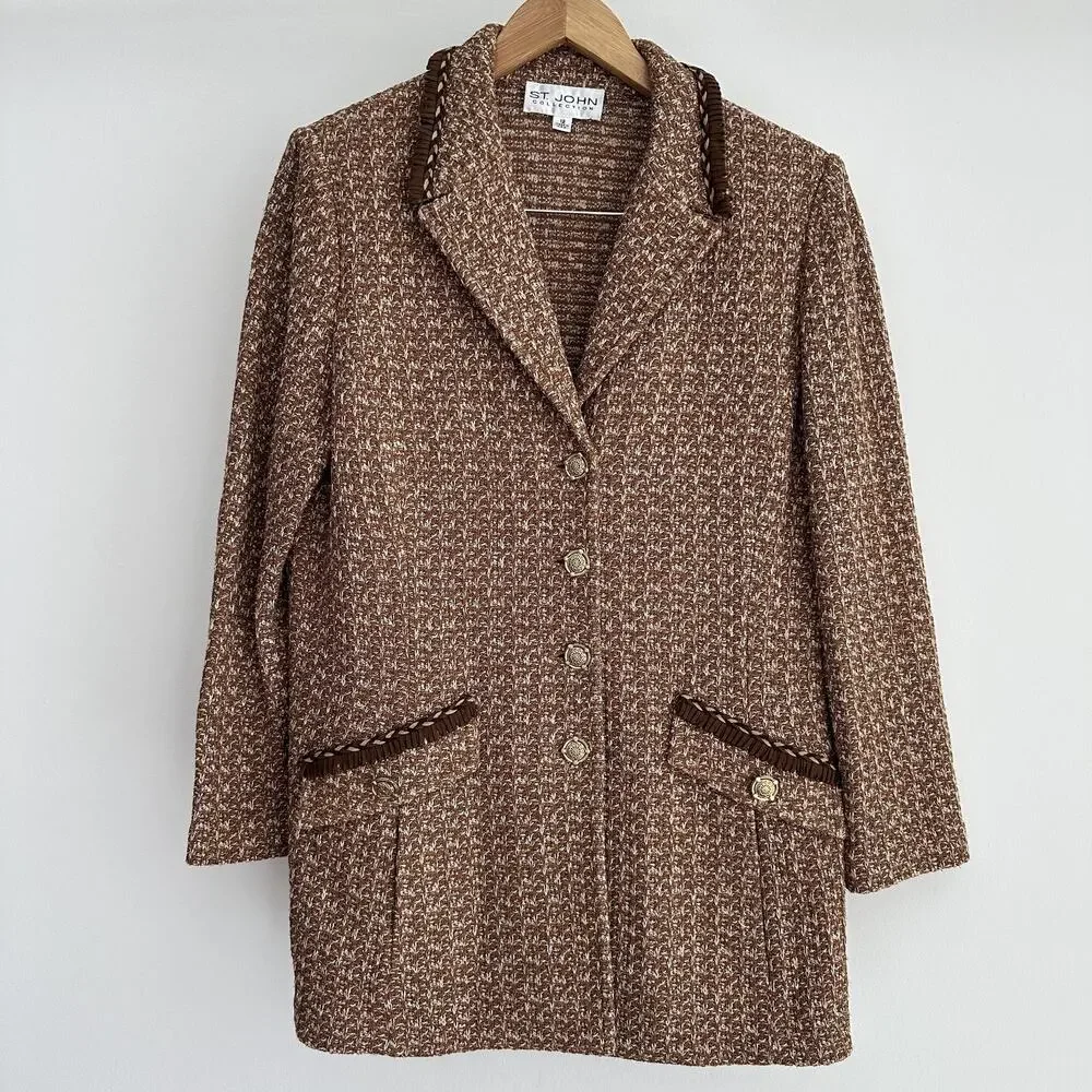 St John Tweed Blazer Jacket 12 Brown Textured Knit Gold Button Fringe Jacket - Picture 1 of 11